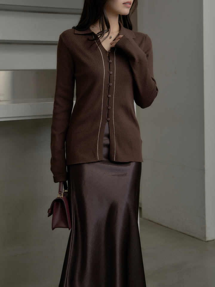 リブ配色ラインポロニットカーディガン