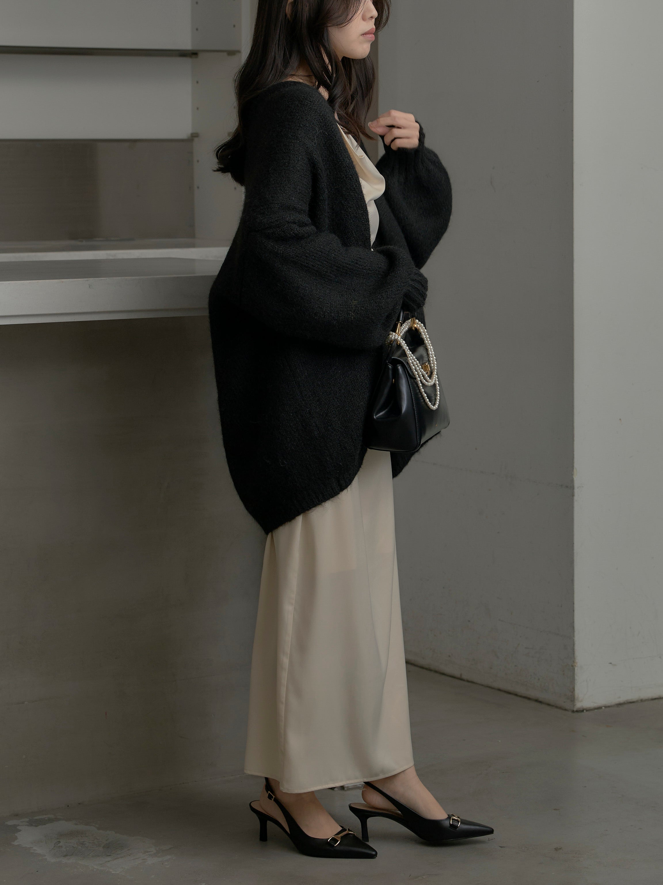 SET】モヘアライクオーバーニットカーディガン+【Essential】サテン