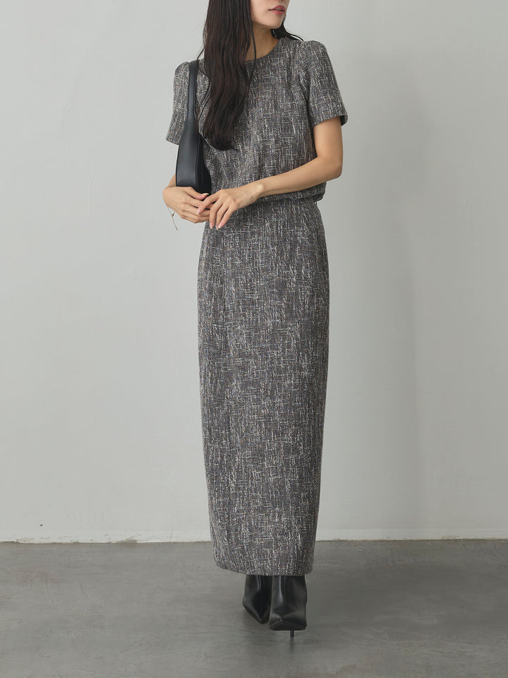 【SET】【Essential】ツイードハーフスリーブトップス+【Essential】ツイードペンシルスカート(2set)