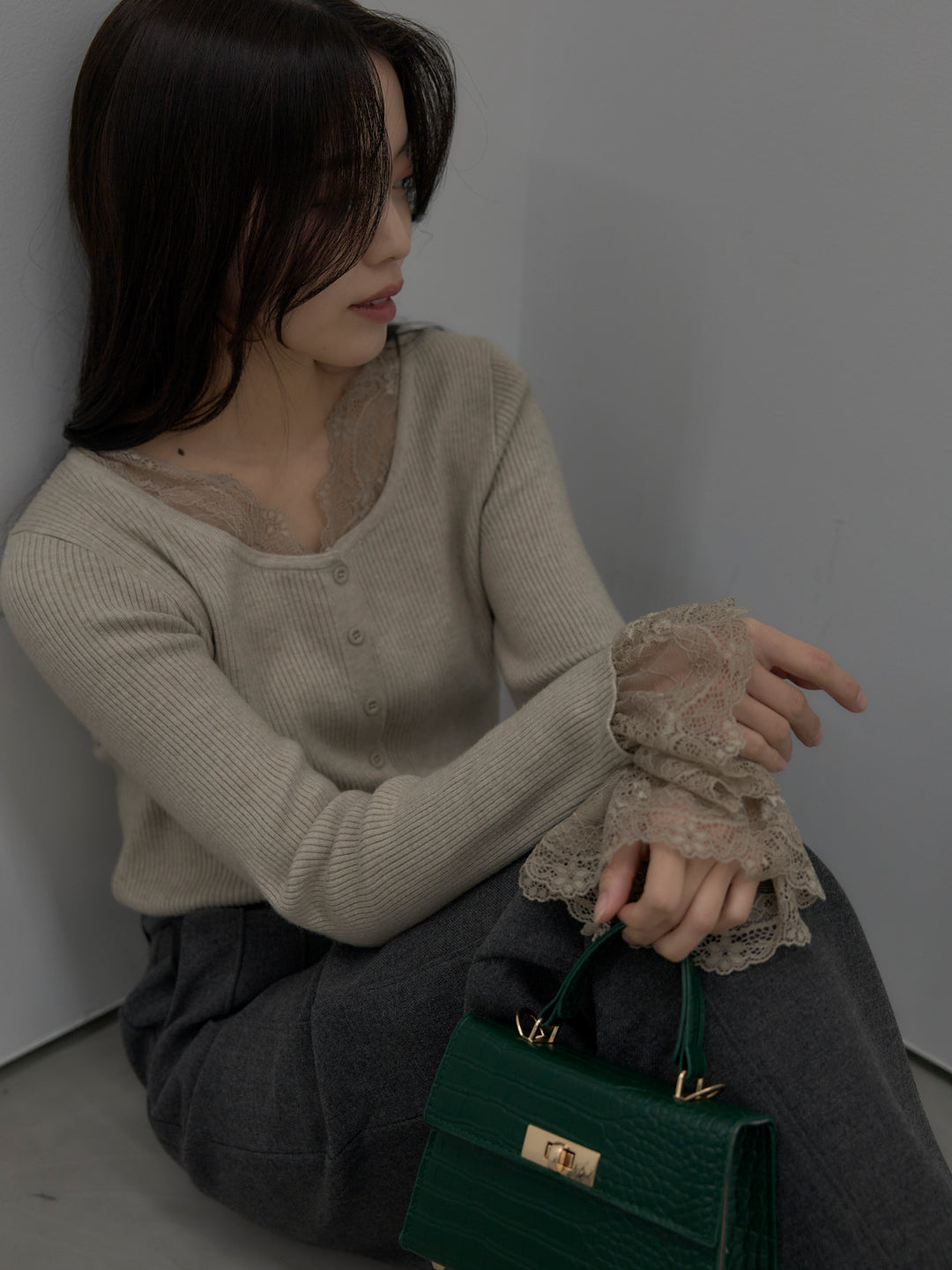 【SET】レースドッキングリブニットトップス+裏起毛デザインワイドパンツ(2set)