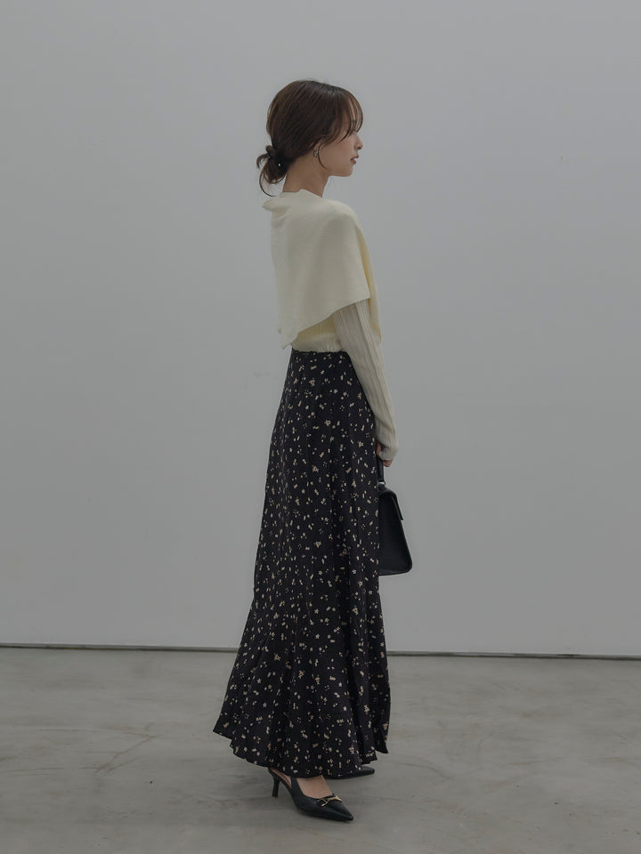 【SET】ニットスカーフ付きリブニットトップス+フラワーパターンマーメイドフレアスカート(2set)