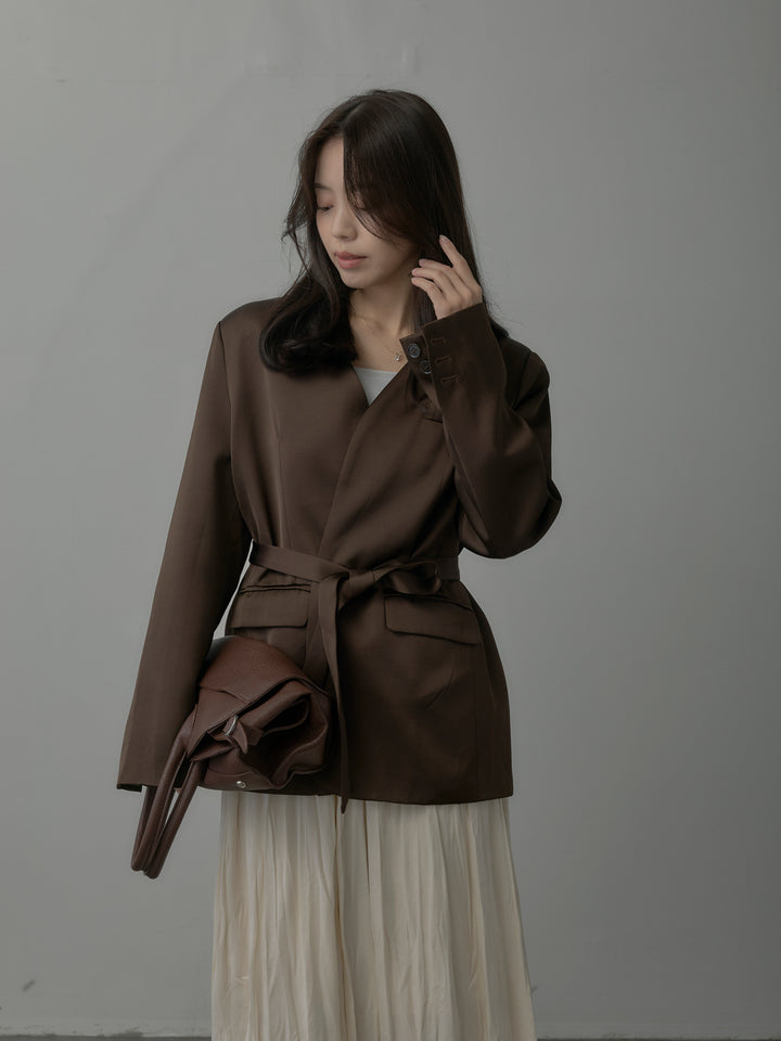 【SET】ノーカラーサテンジャケット+ベロアワッシャープリーツスカート(2set)