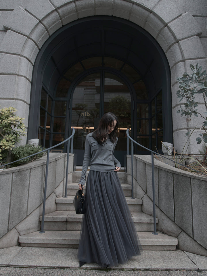 【SET】ポケットデザインリブニットトップス+ボリュームチュールスカート(2set)