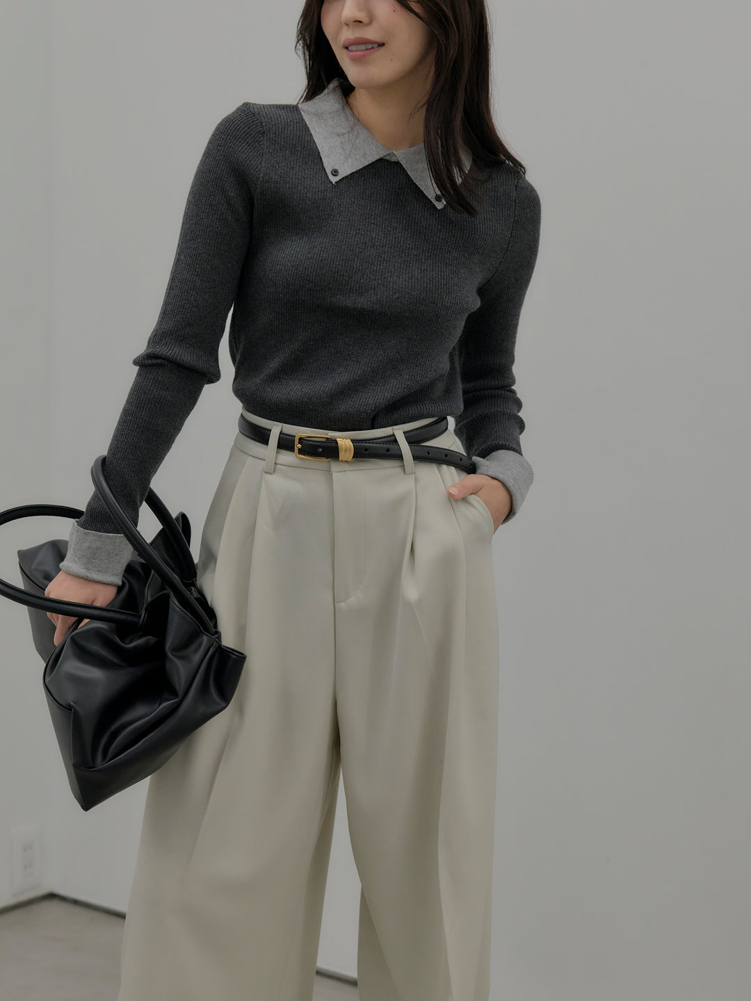 【SET】配色カフスニットポロ+デザインタックワイドパンツ(2set)