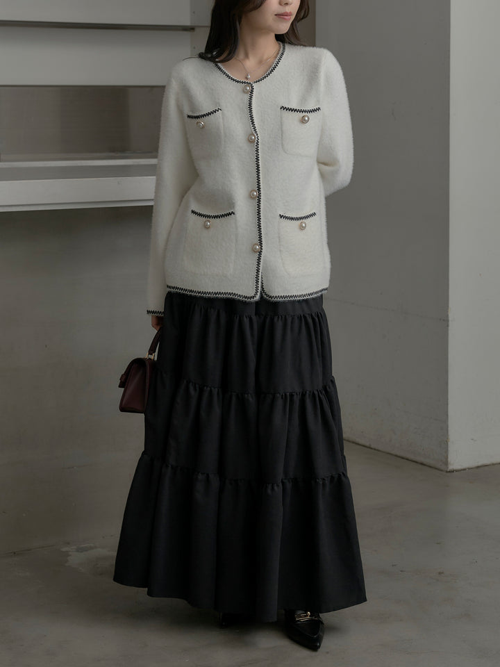 【SET】モヘアタッチパールボタンニットカーディガン+【Essential】ピーチスキンティアードスカート(2set)