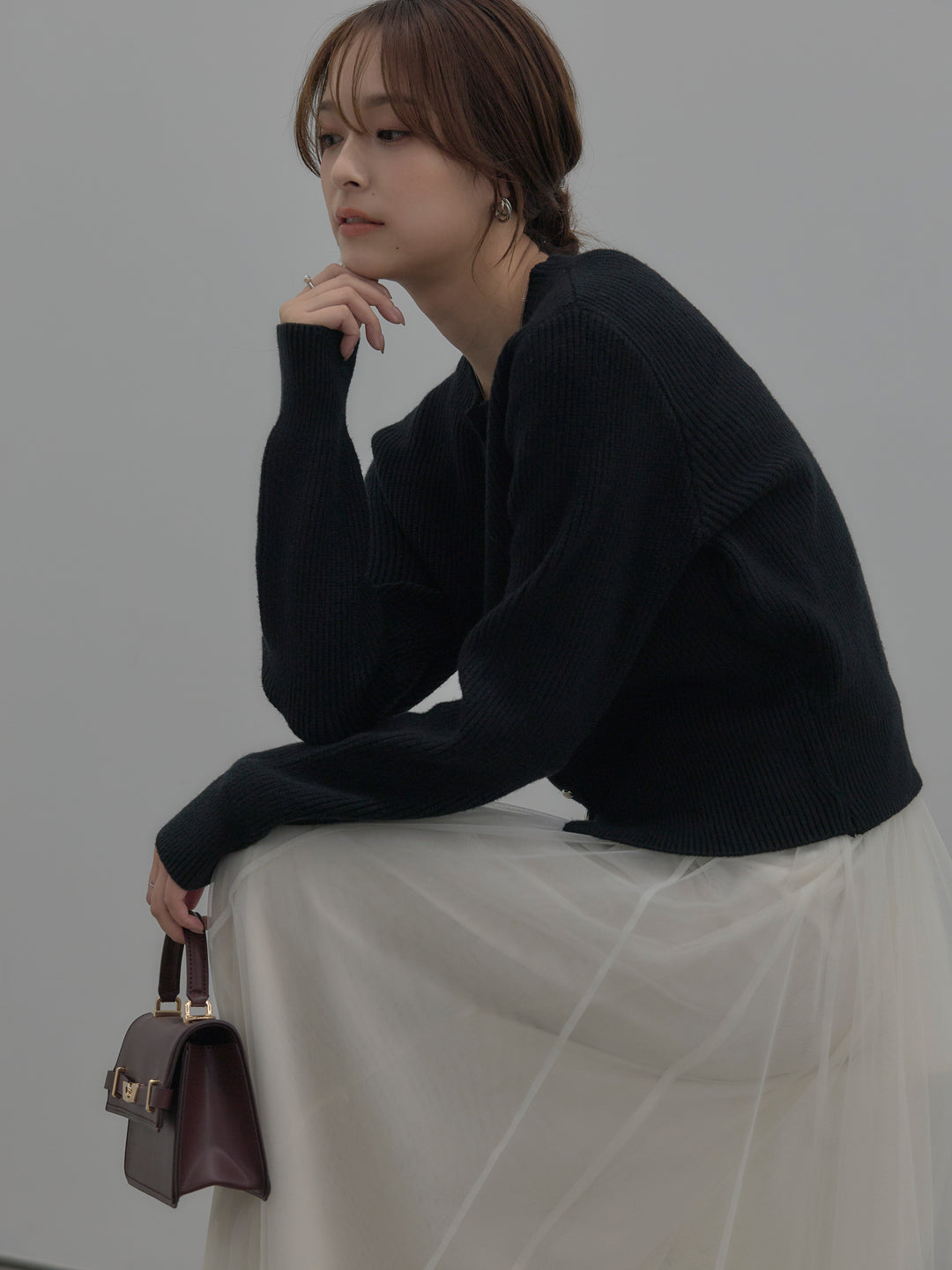 【SET】メタルボタンリブニットカーディガン+ボリュームチュールスカート(2set)