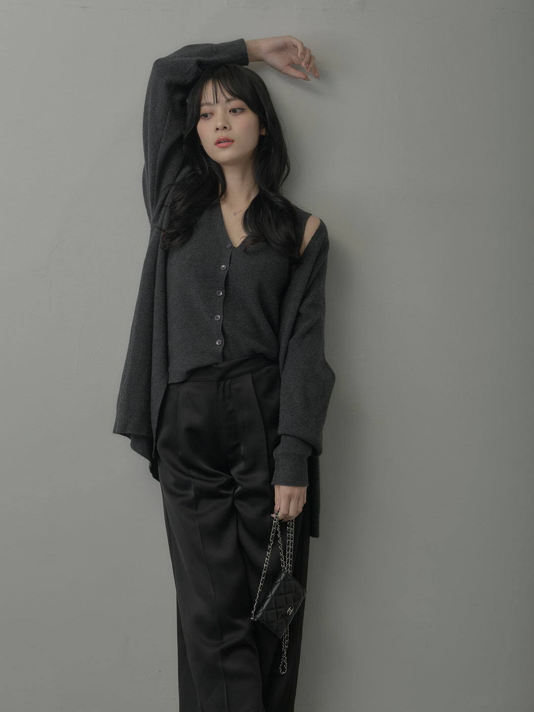 【SET】カーディガン&ニットベストアンサンブルSET+【Essential】センタープレスサテンパンツ(2set)