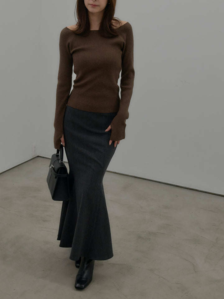 【SET】キルティングライナーウールミディアムコート+スクエアネックリブニット+【Essential】チェック柄マーメイドスカート(3set)