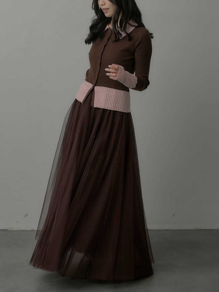 【SET】バイカラーリブニットポロトップス+ボリュームチュールスカート(2set)