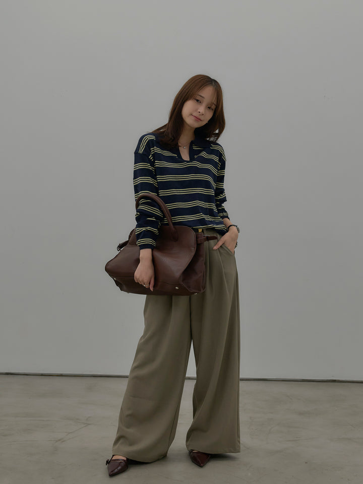 ボーダーポロ襟ニットプルオーバー