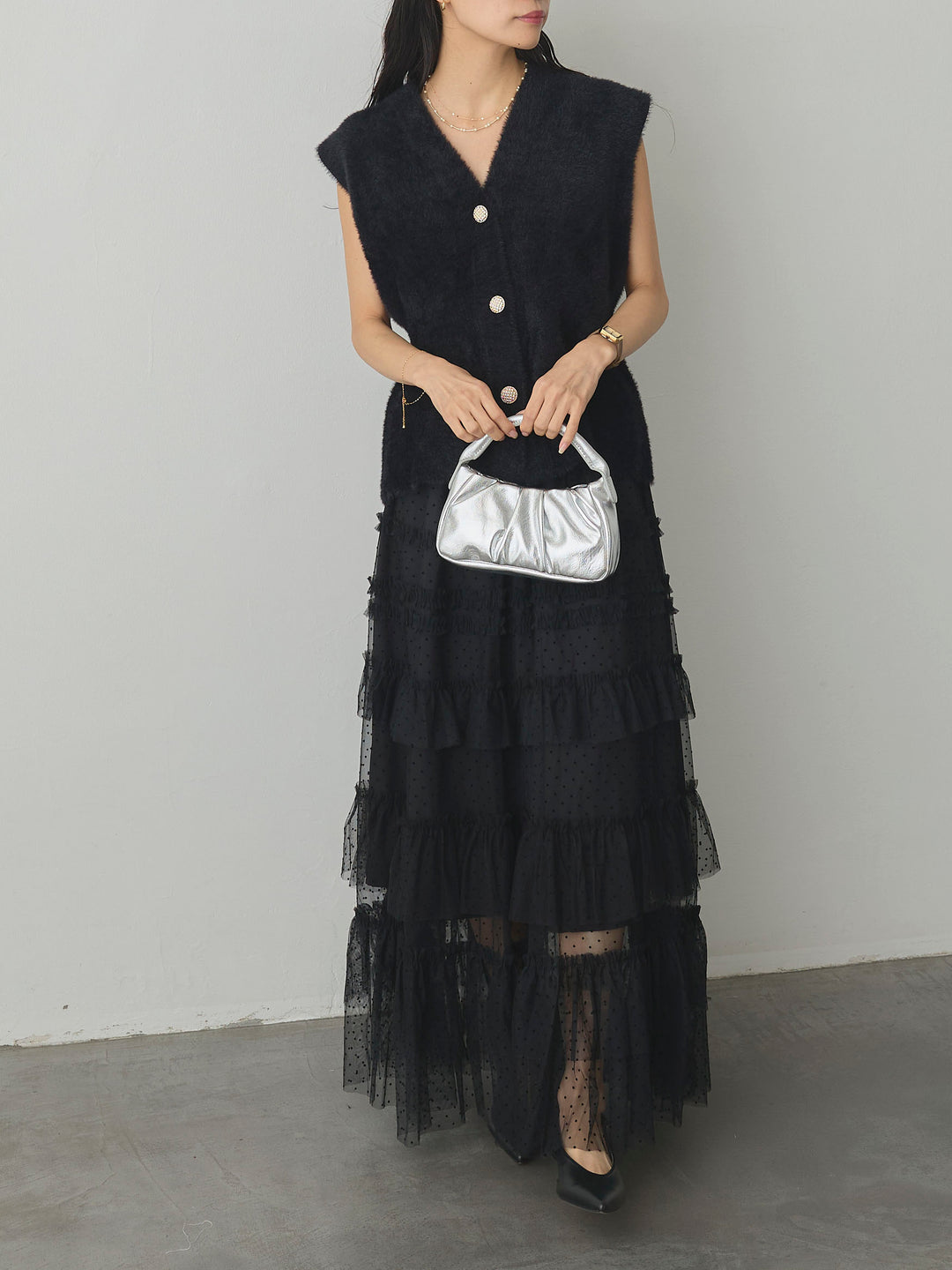 【SET】シャギーニットペプラムベスト+ドットチュールティアードスカート(2set)