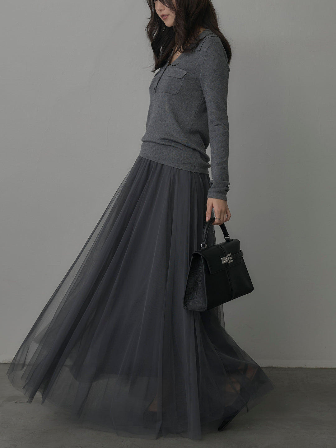 【SET】ポケットデザインリブニットトップス+ボリュームチュールスカート(2set)