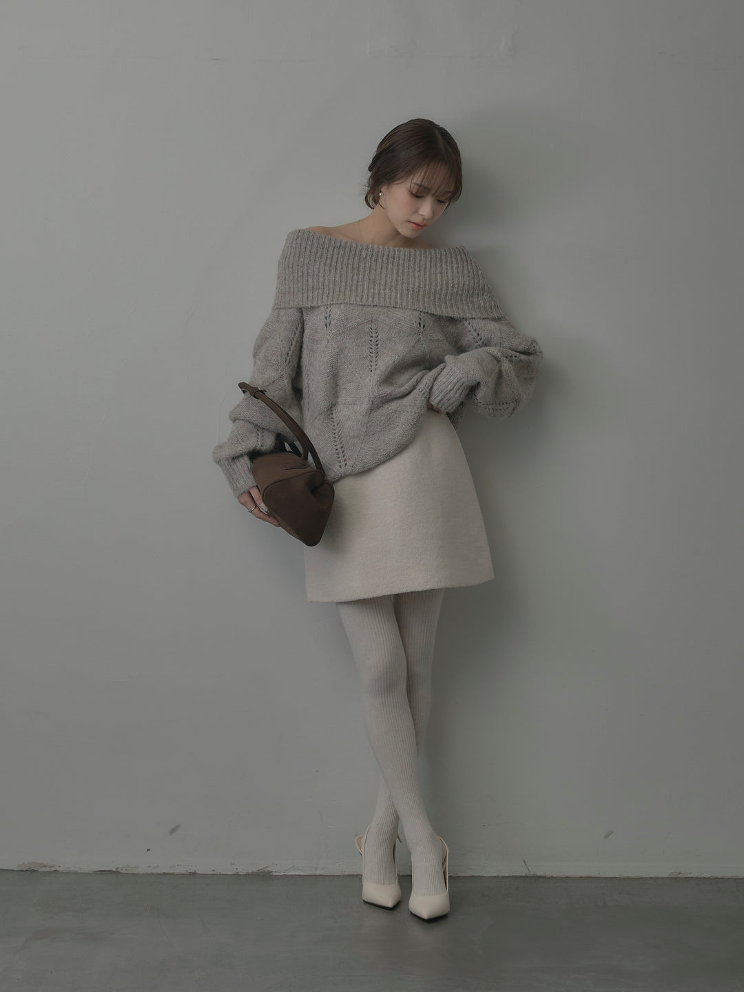 【SET】メランジニットオフショルトップス+ブークレ台形ミニスカート (2set)