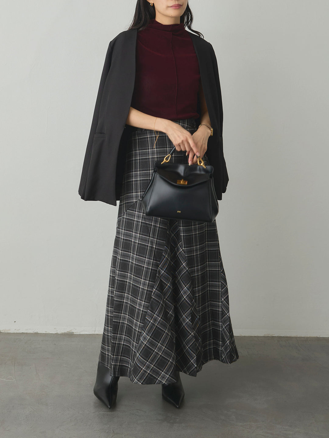 【SET】【Essential】フロントホックノーカラージャケット+クラシカルチェックパネルスカート(2set)