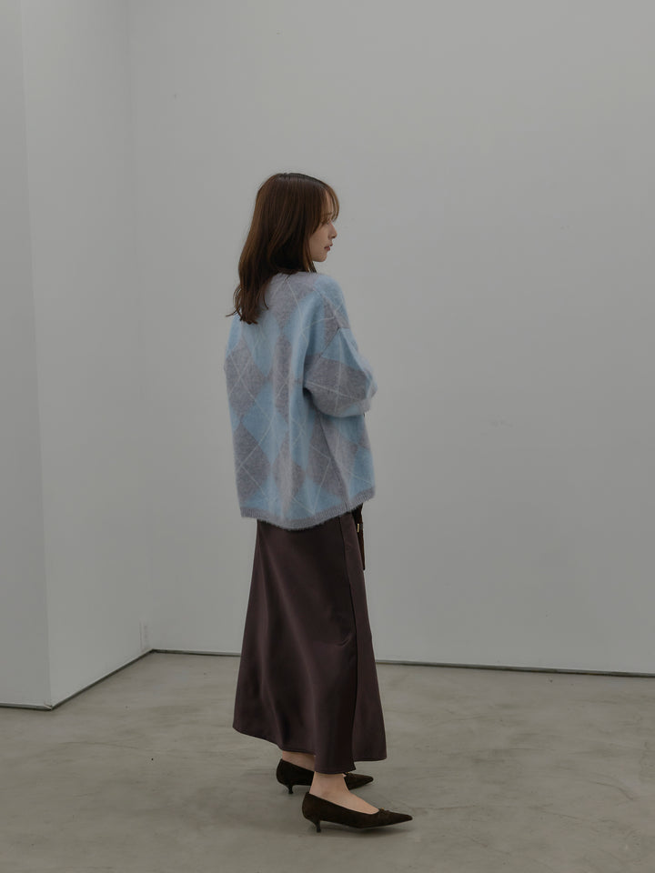 【SET】【premium touch】アーガイル柄ニットプルオーバー+ナローAラインサテンスカート(2set)