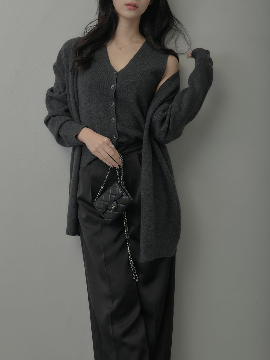 【SET】カーディガン&ニットベストアンサンブルSET+【Essential】センタープレスサテンパンツ(2set)