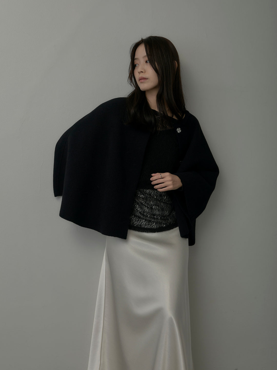 【SET】マフラー付き2WAYケープコート+【インナー付き】シアーレーストップス+ヘビーサテンAラインスカート(3set)