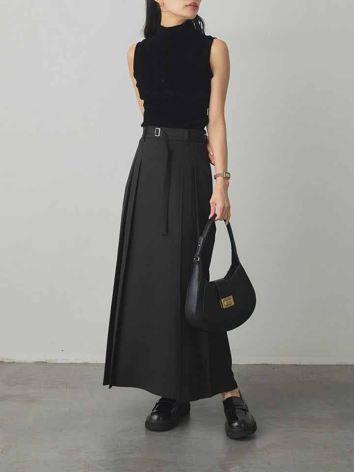 【SET】メッシュベロアノースリーブトップス+【Essential】ベルト付きサイドタックスカート(2set)