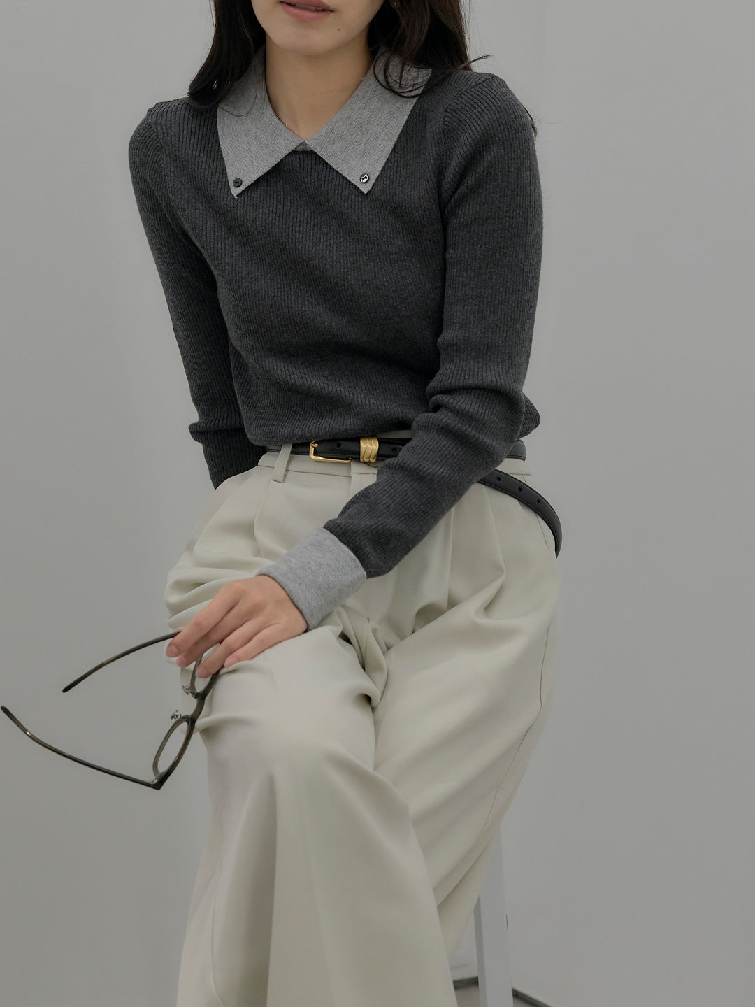 【SET】配色カフスニットポロ+デザインタックワイドパンツ(2set)