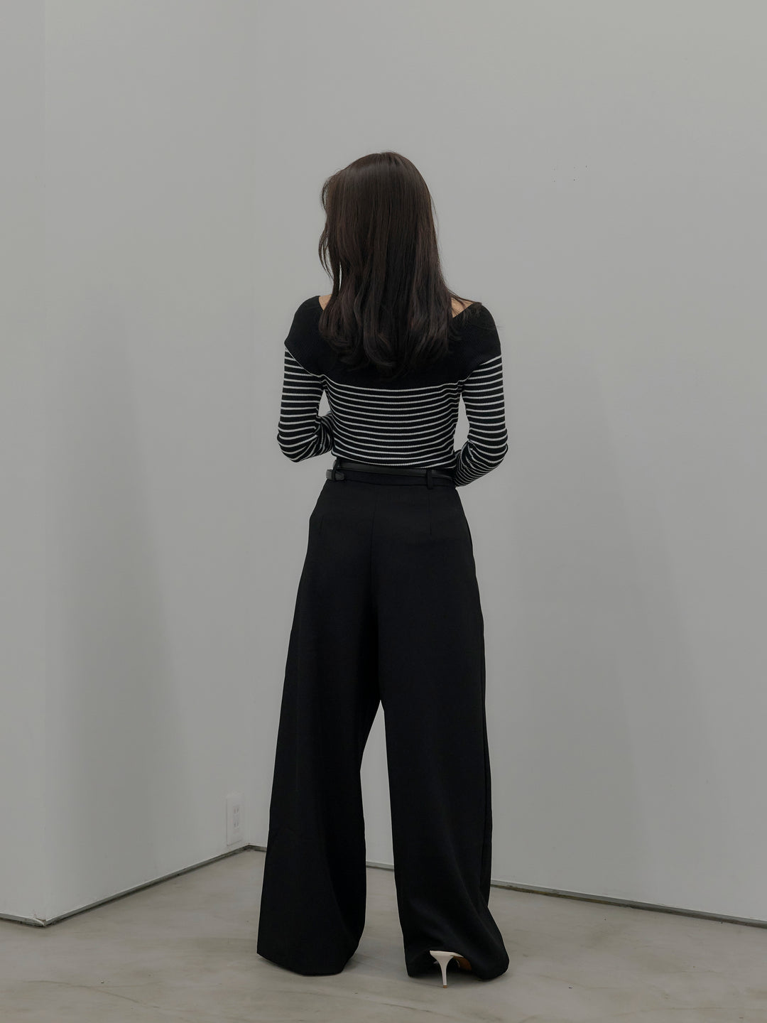 【SET】ハーフボーダーニットトップス+デザインタックワイドパンツ(2set)
