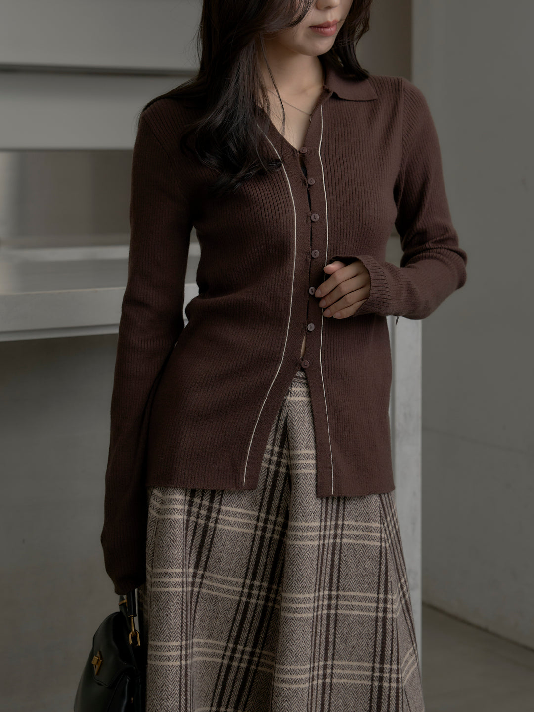 【SET】リブ配色ラインポロニットカーディガン+【Essential】クラシカルチェックウールタッチスカート(2set)