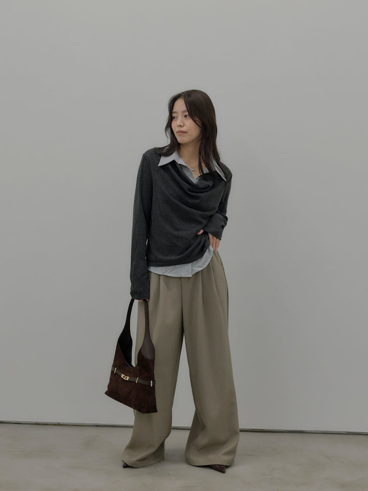 【SET】シャツレイヤードドレープニットトップス+デザインタックワイドパンツ(2set)