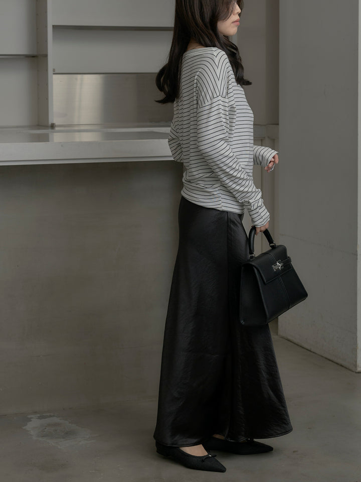 【SET】2wayショルダーボーダートップス+ナローAラインサテンスカート(2set)