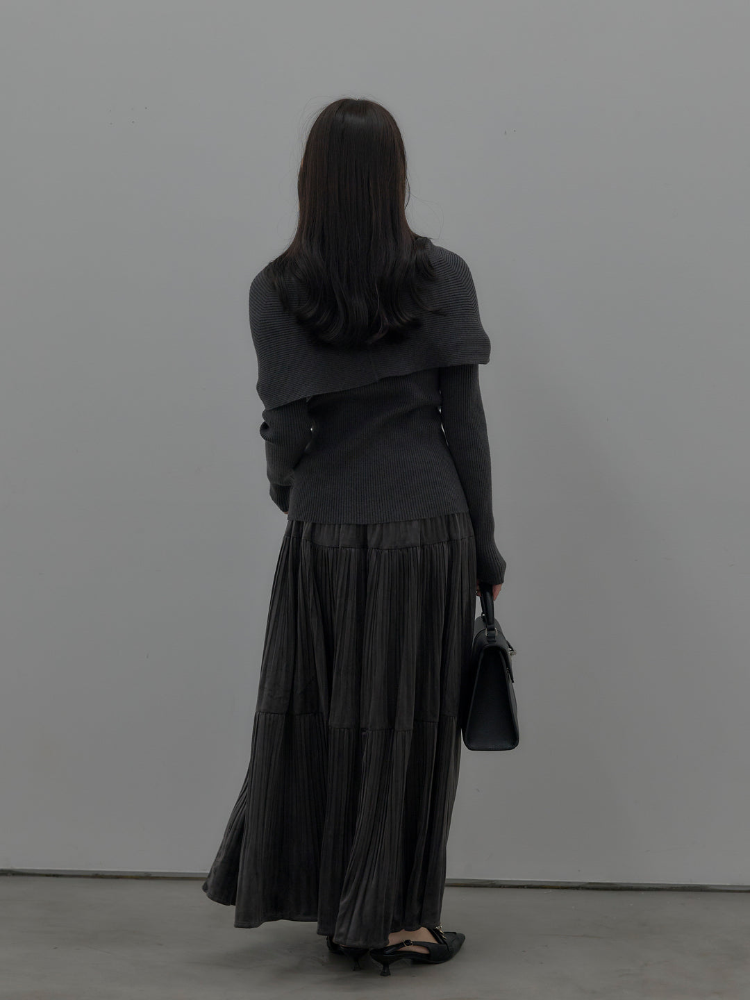 【SET】ケープライクデザインリブニットトップス+ベロアプリーツティアードスカート(2set)