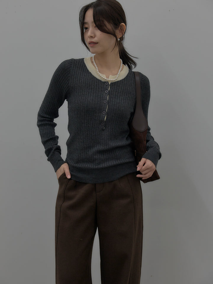 【SET】配色ケーブル編みニットトップス+裏起毛デザインワイドパンツ(2set)