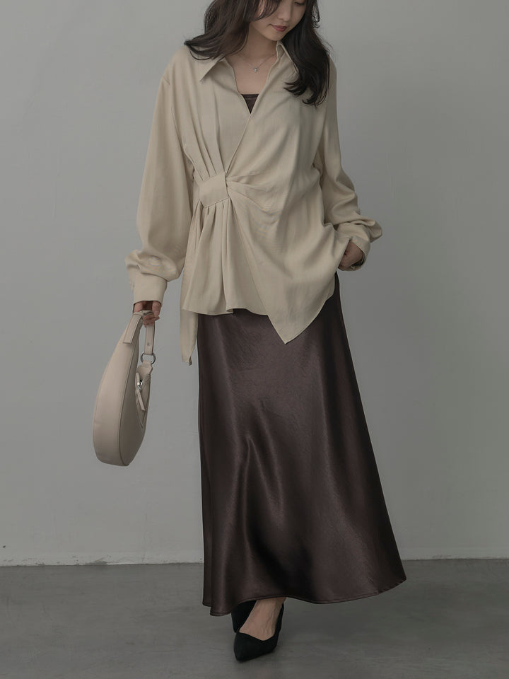 【SET】フロントラップデザインシャツ+ナローAラインサテンスカート(2set)