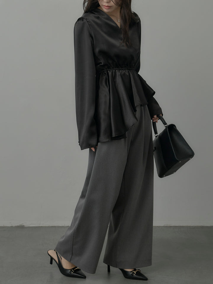 【SET】Vネックアシメサテンブラウス+【Essential】３タックスラックス(2set)