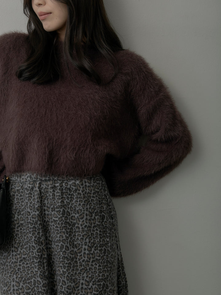 【SET】クロップドシャギーニットトップス+レオパードウールタッチフレアスカート(2set)