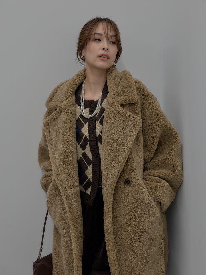 【SET】テディボアロングコート+アーガイル柄コンパクトニットカーディガン(2set)