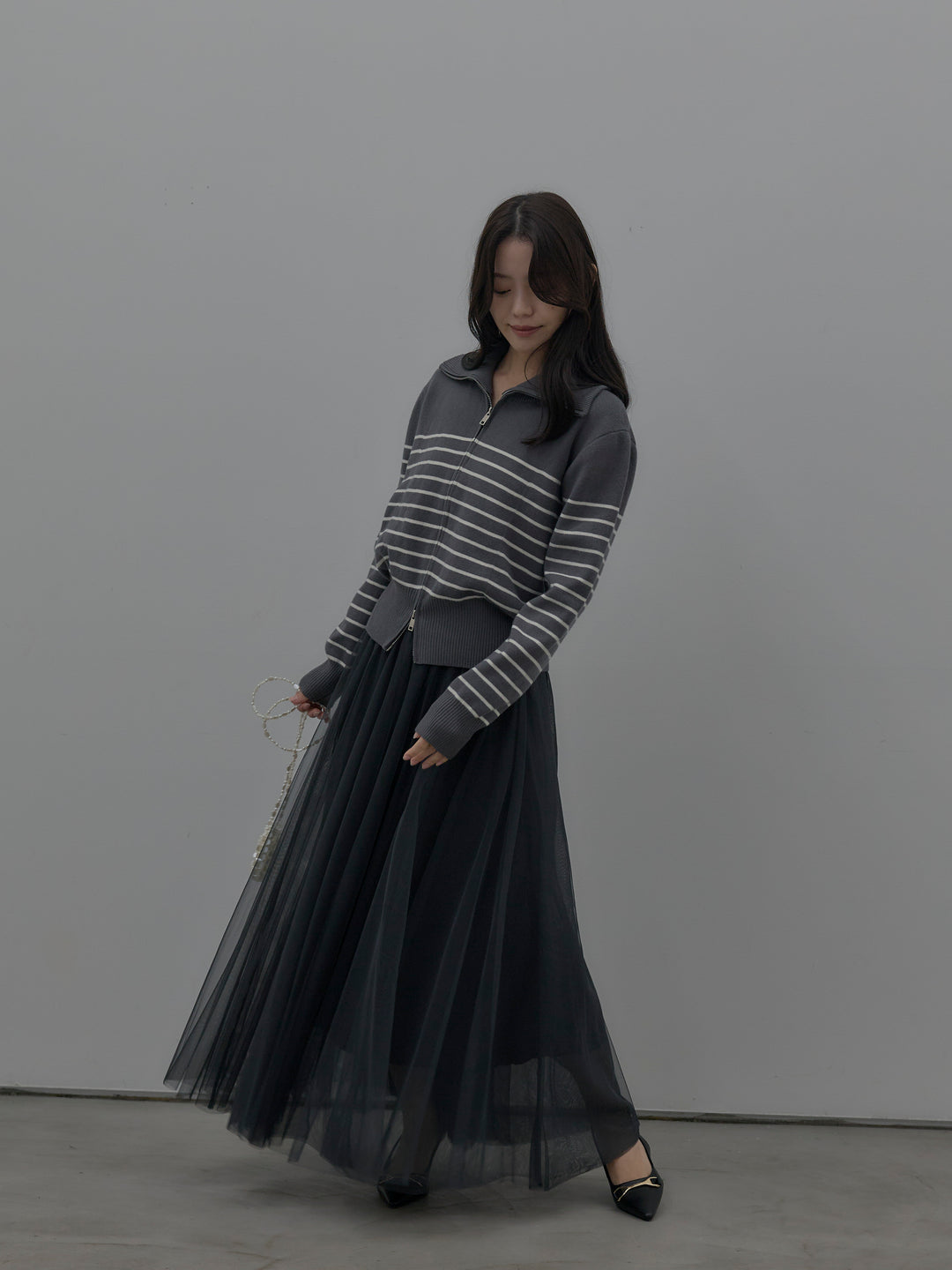 ダブルZIPハイネックボーダーニットトップス