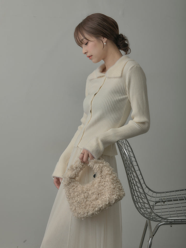 シャギー襟リブニットポロトップス