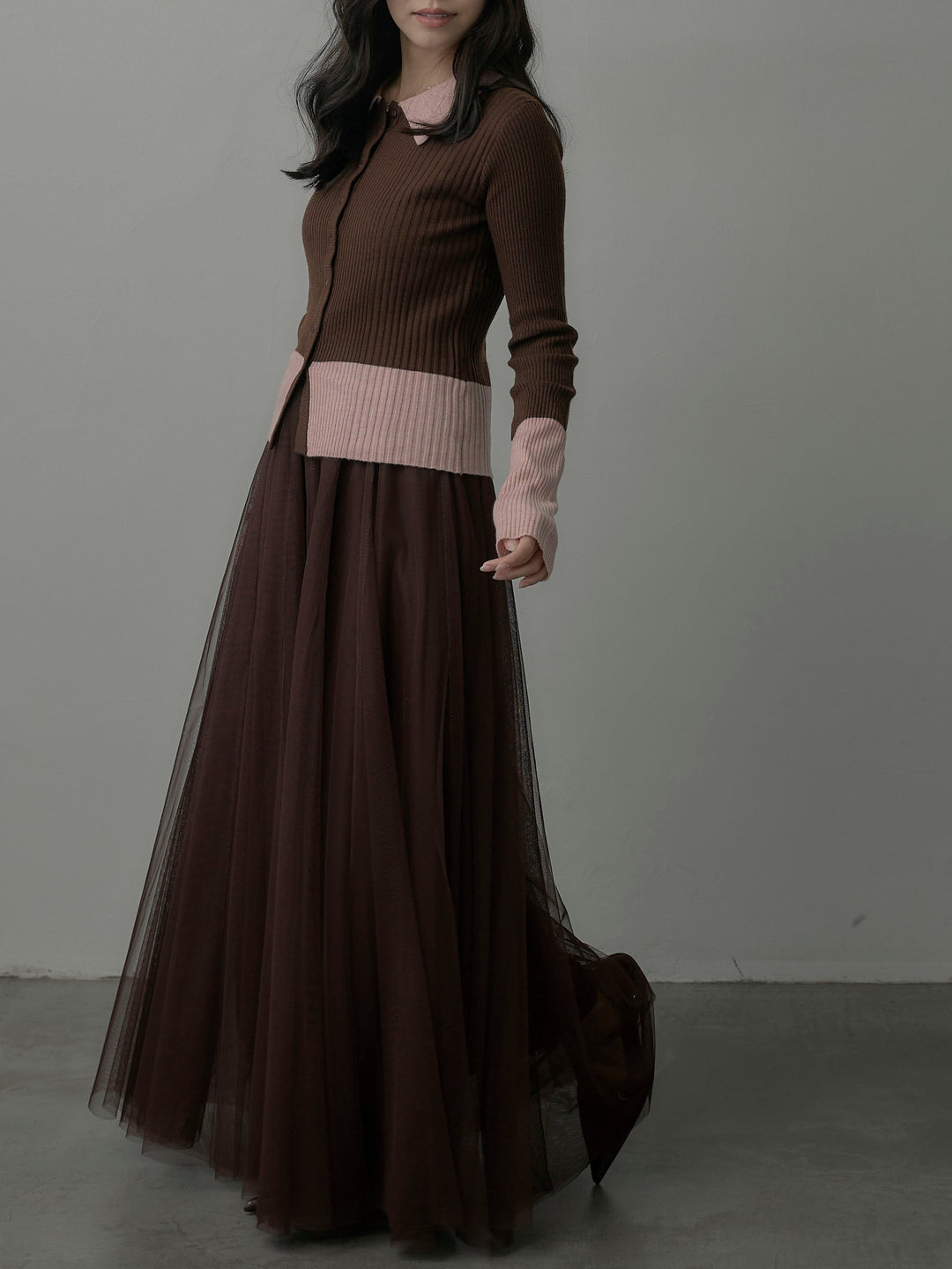 【SET】バイカラーリブニットポロトップス+ボリュームチュールスカート(2set)