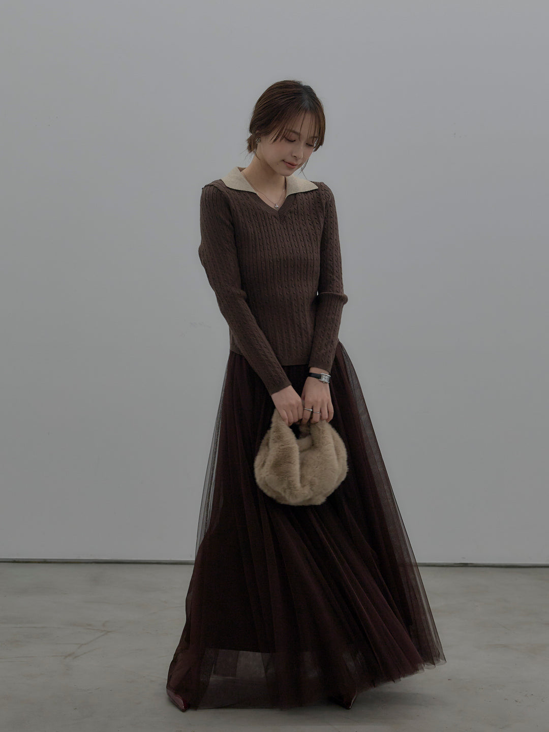 【SET】配色Vネックケーブルニットトップス+ボリュームチュールスカート(2set)