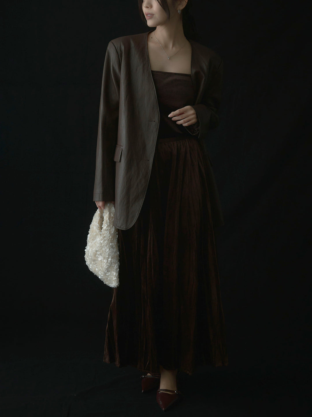 【SET】レザーノーカラージャケット+ベロアワッシャープリーツスカート(2set)