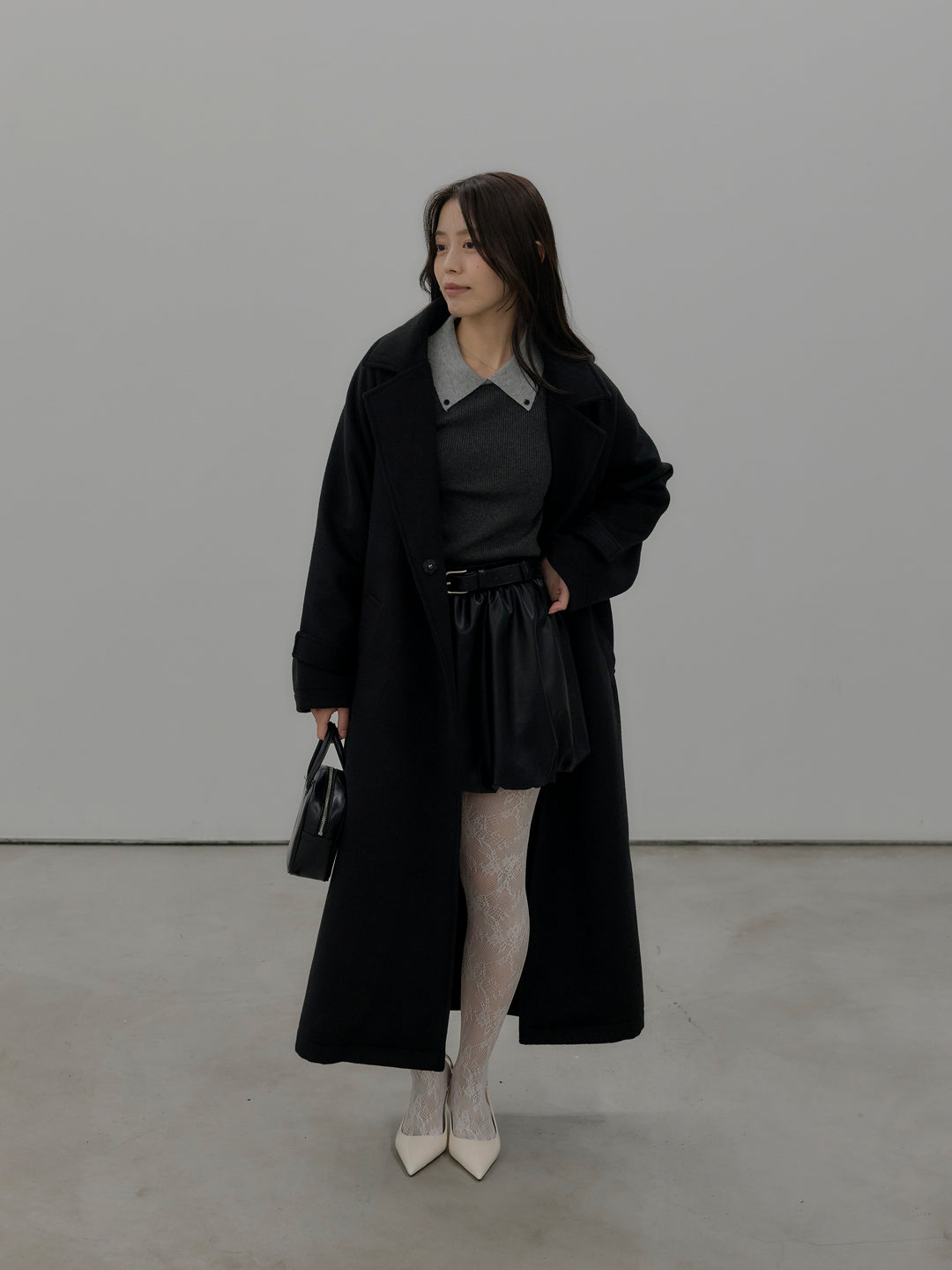 【SET】配色カフスニットポロ+ソフトレザーバルーンミニスカート(2set)