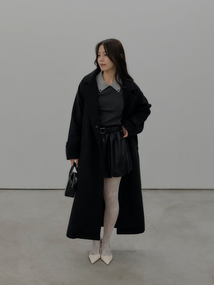 【SET】配色カフスニットポロ+ソフトレザーバルーンミニスカート(2set)