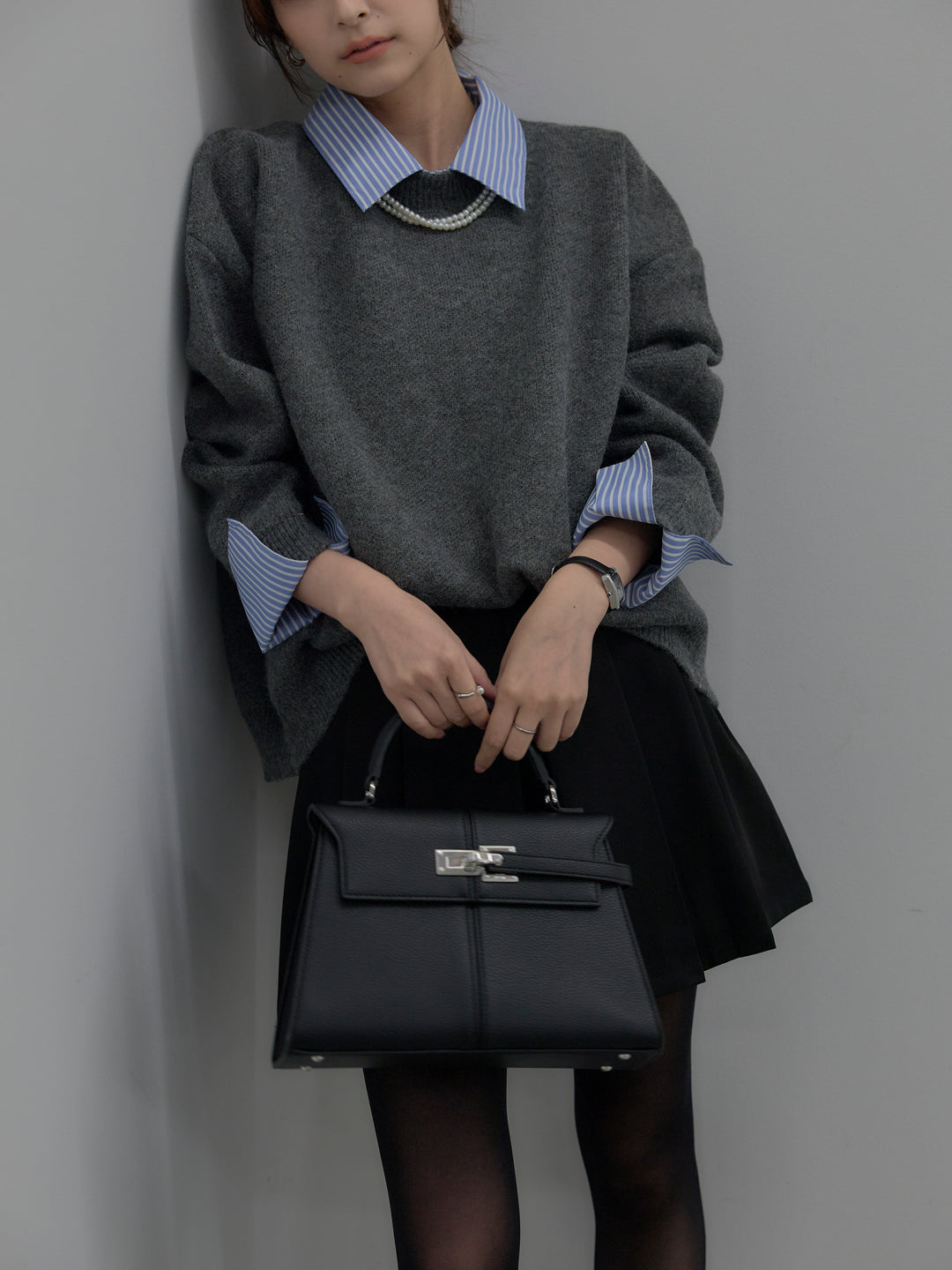 【SET】シャツドッキング肉厚ニットプルオーバー+ベルト付きプリーツミニスカート(2set)