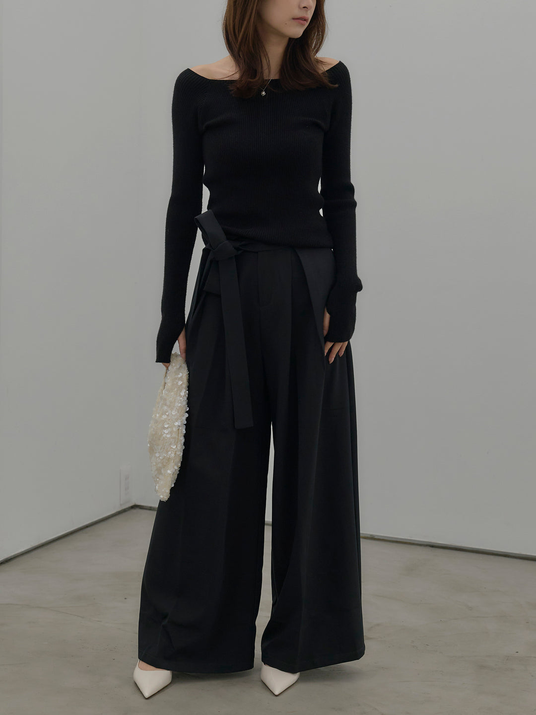 【SET】モヘアライクオーバーニットカーディガン+ウエストリボンワイドパンツ(2set)