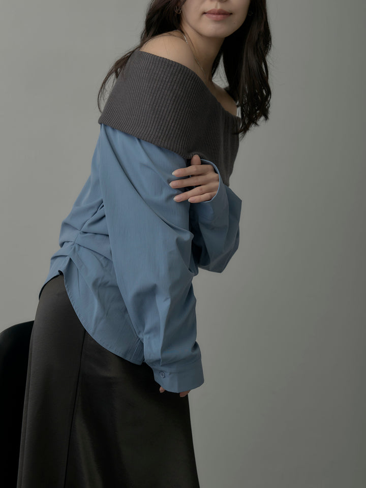 【SET】ニットシャツドッキングオフショルトップス+ヘビーサテンAラインスカート(2set)