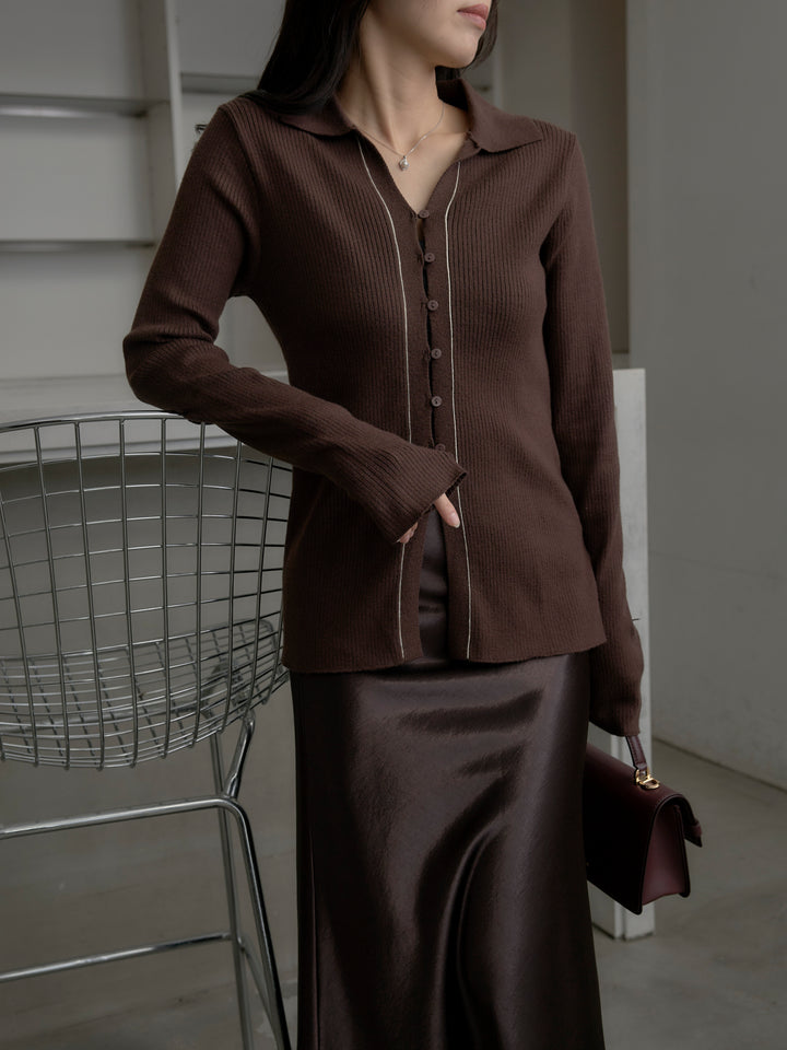 リブ配色ラインポロニットカーディガン