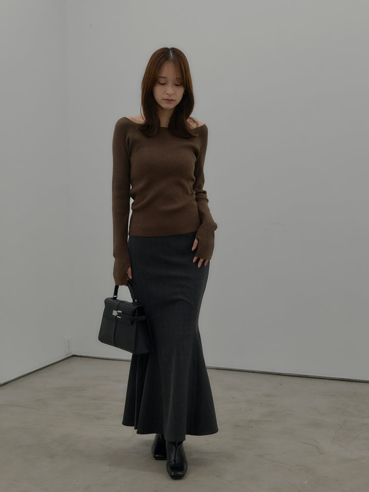 【SET】キルティングライナーウールミディアムコート+スクエアネックリブニット+【Essential】チェック柄マーメイドスカート(3set)