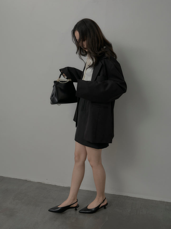 【SET】【Essential】ボックスシルエットテーラードジャケット+ケープ付きオーバーサテンシャツ+【Essential】ウールタッチミニスカート(3set)