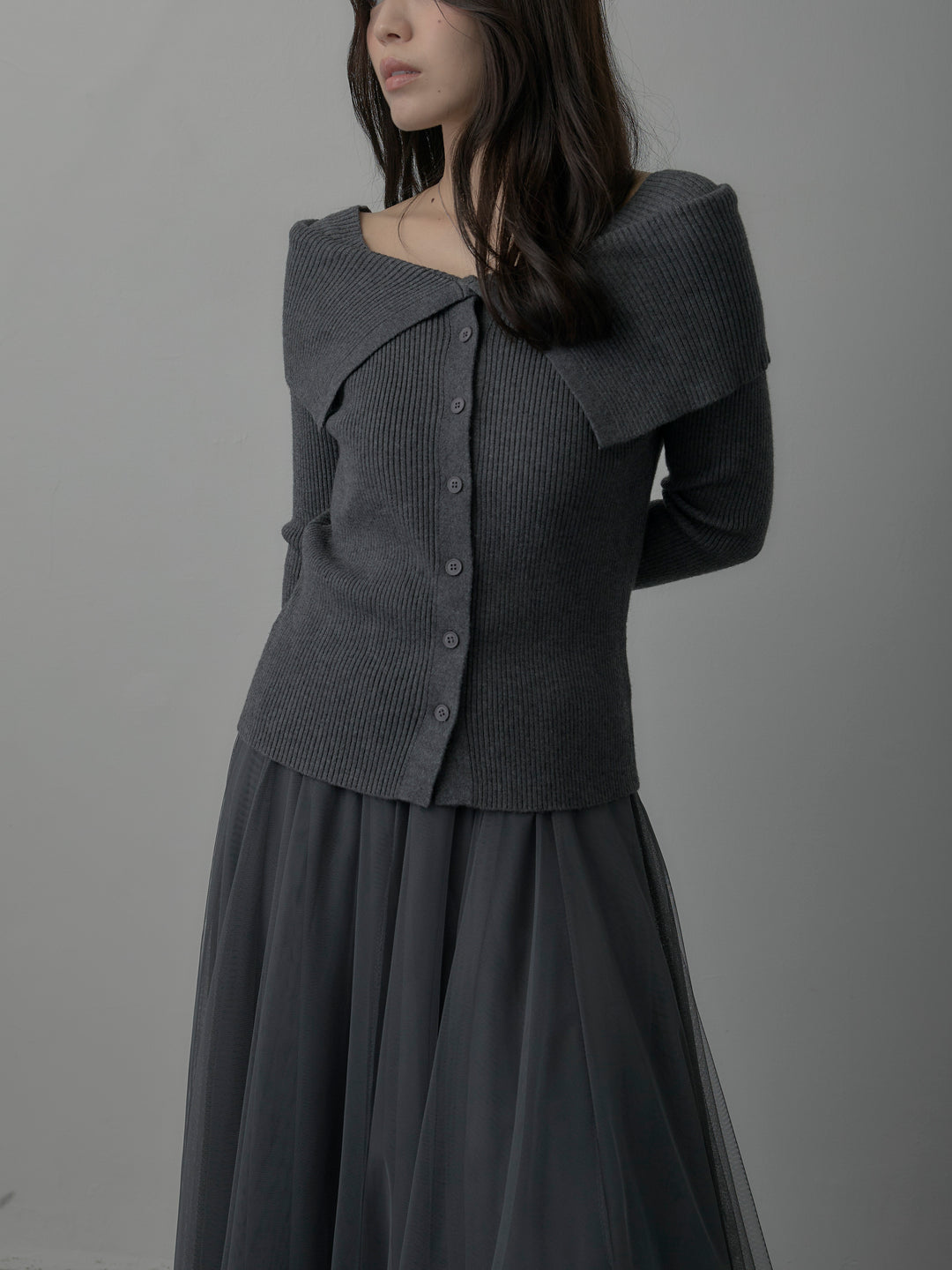 【SET】オフショルライクリブニットトップス+ボリュームチュールスカート(2set)