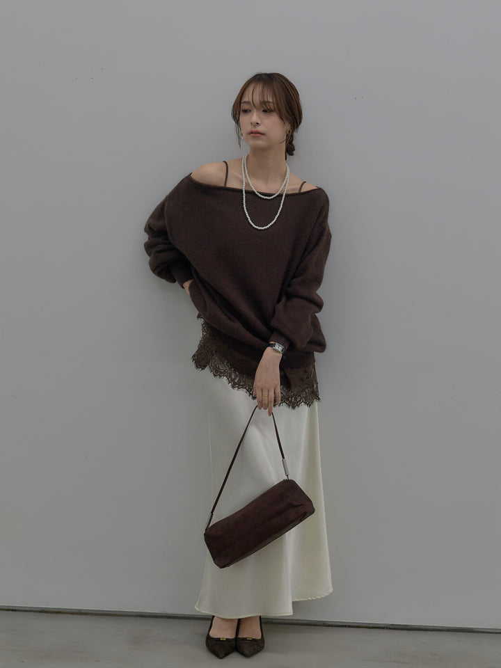 【SET】【premium touch】2wayショルダーニットプルオーバー+ナローAラインサテンスカート(2set)