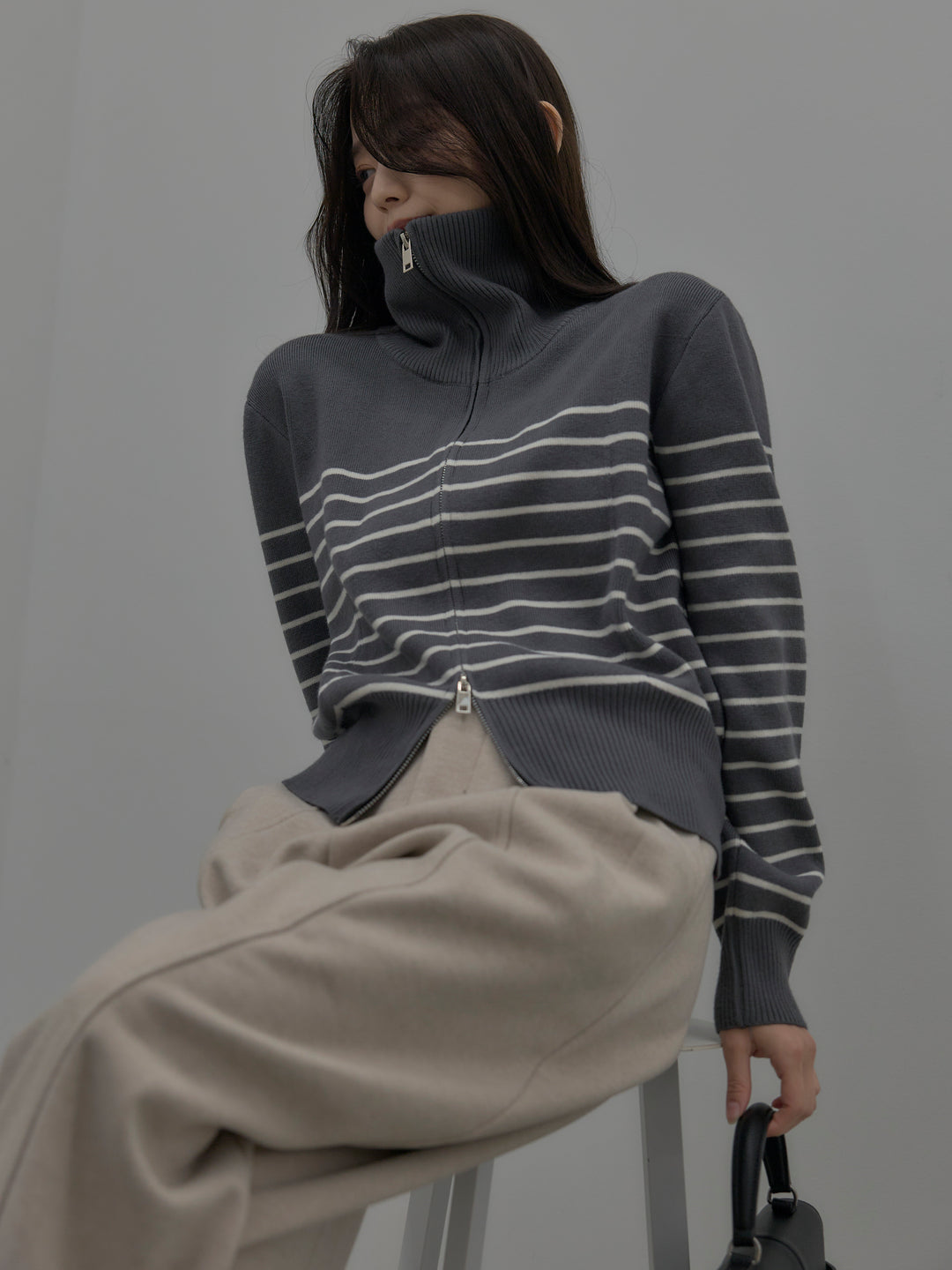 【SET】比翼仕立てサテンシャツ+裏起毛センターシームタックワイドパンツ(2set)