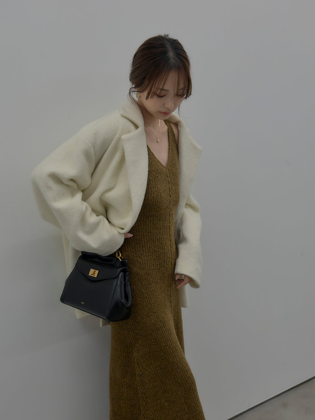 【SET】【Essential】オーバーサイズジャケットコート+リュクスリブニットロングドレス(2set)